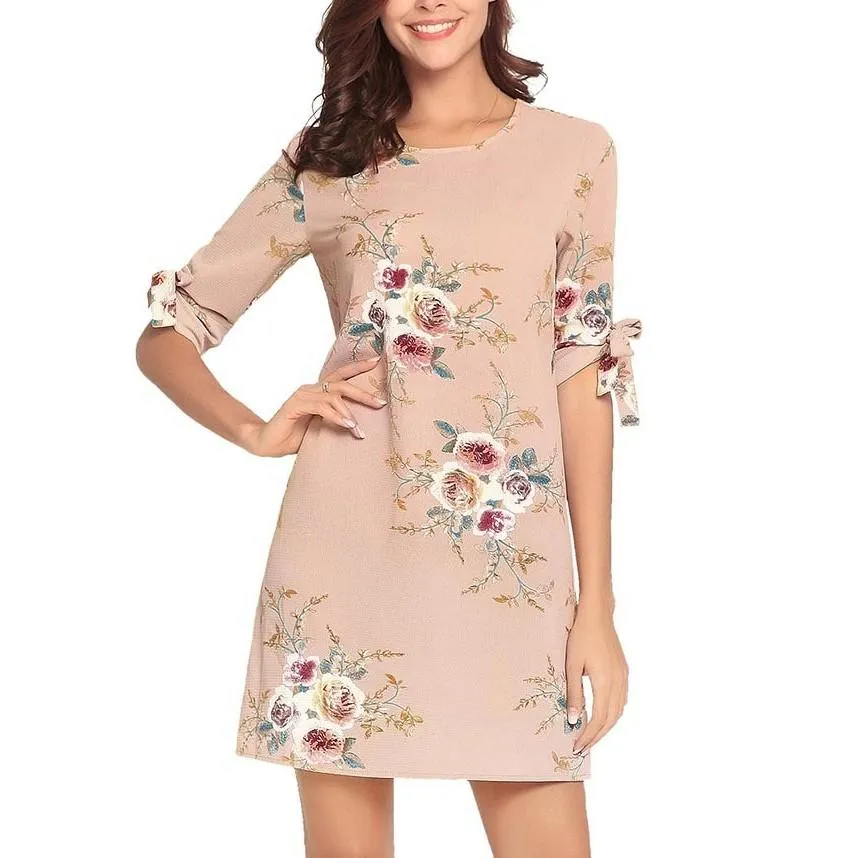 3/4  Sleeve Print Mini Round Neck Bandage  Floral Dresses