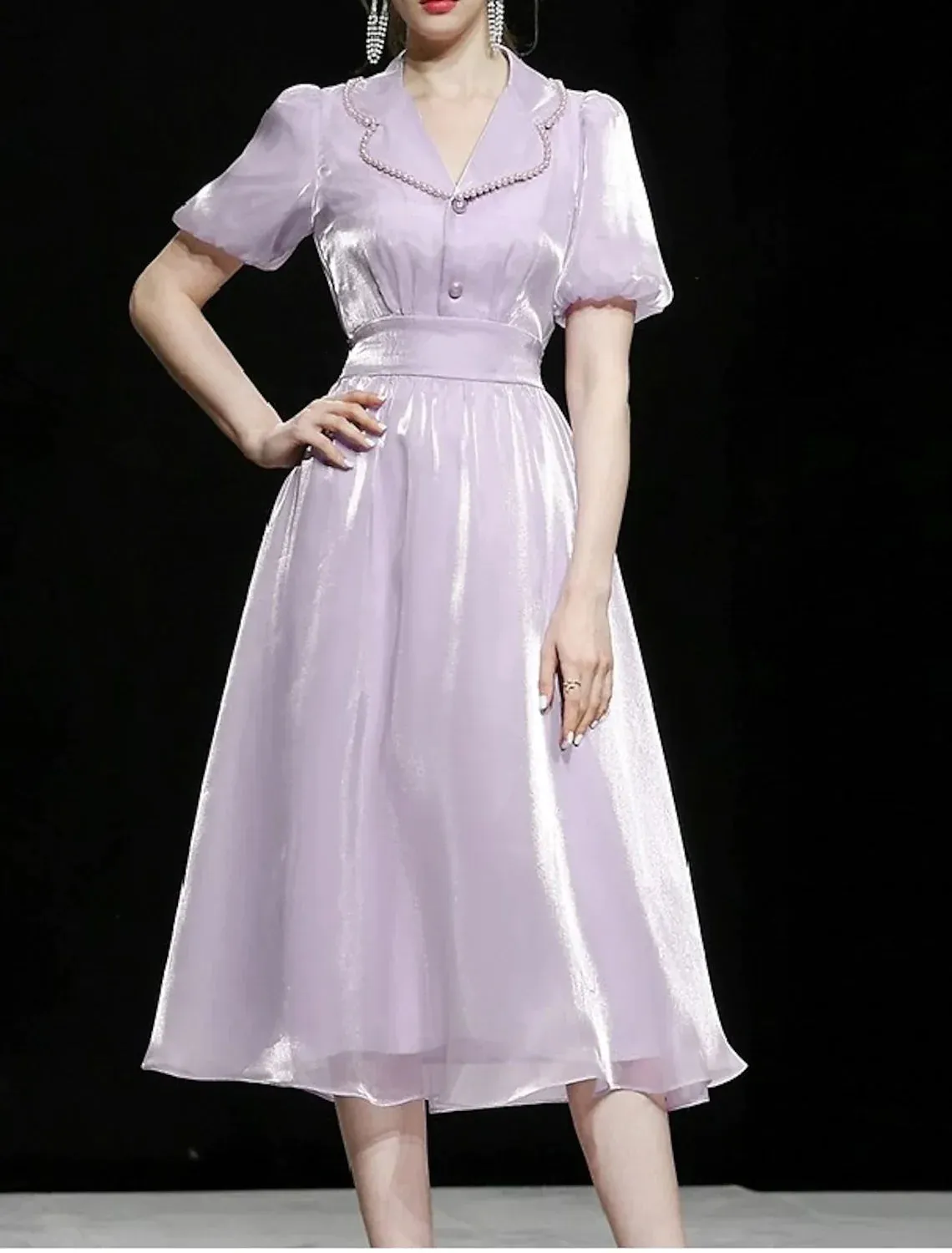 A-Line Prom Dresses Vintage Dress Party Wear Length Short Sleeve Shirt Collar Chiffon with Buttons