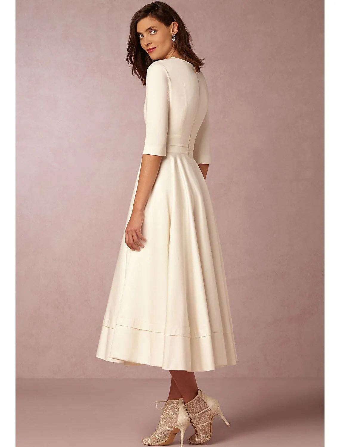 A-Line Special Occasion Dresses Party Dress Holiday Tea Length Half Sleeve V Neck Pocket Jersey with Pleats