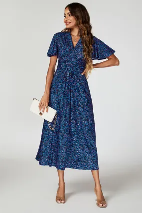 Animal Print Angel Sleeve Twist Midi Dress In Blue