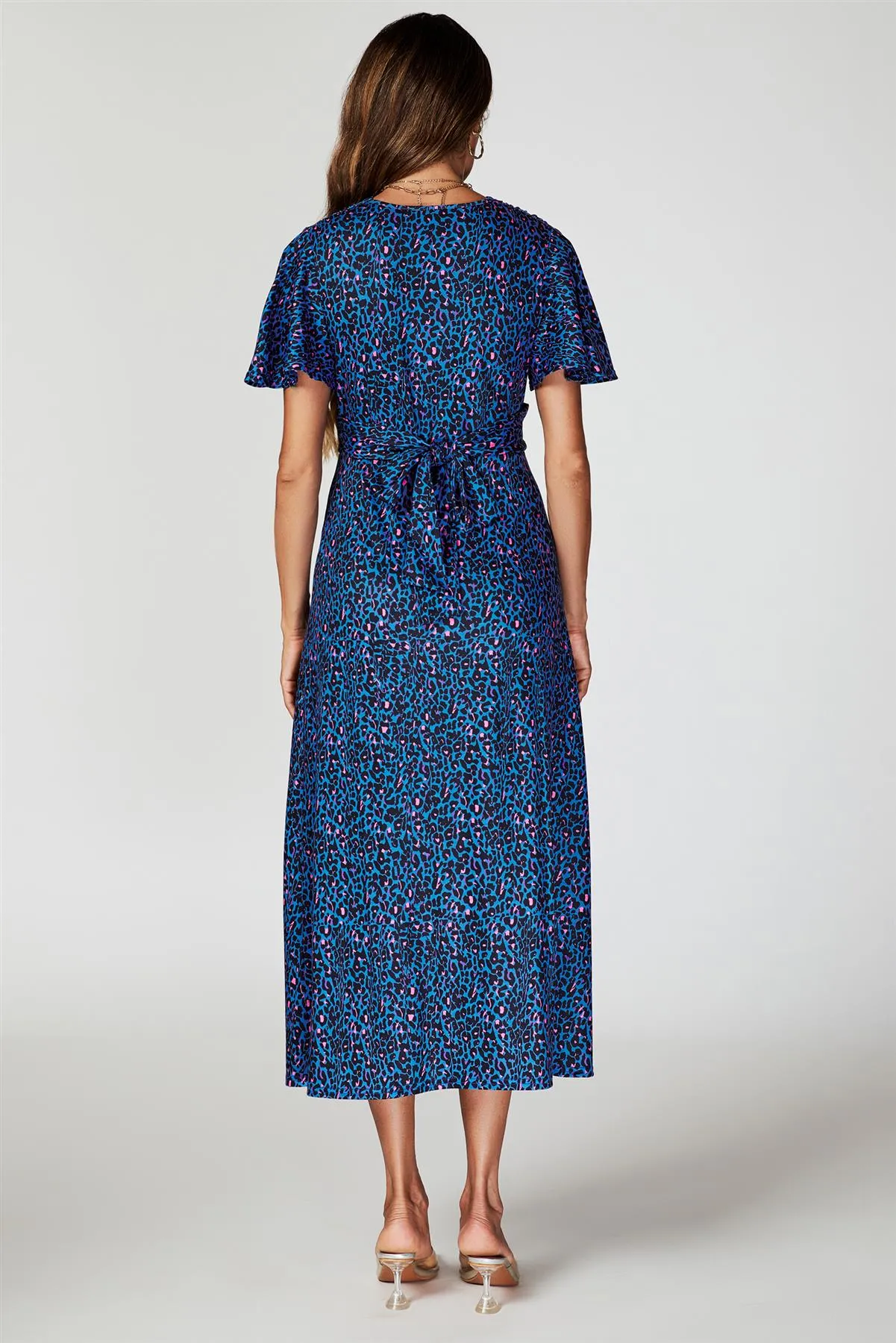 Animal Print Angel Sleeve Twist Midi Dress In Blue