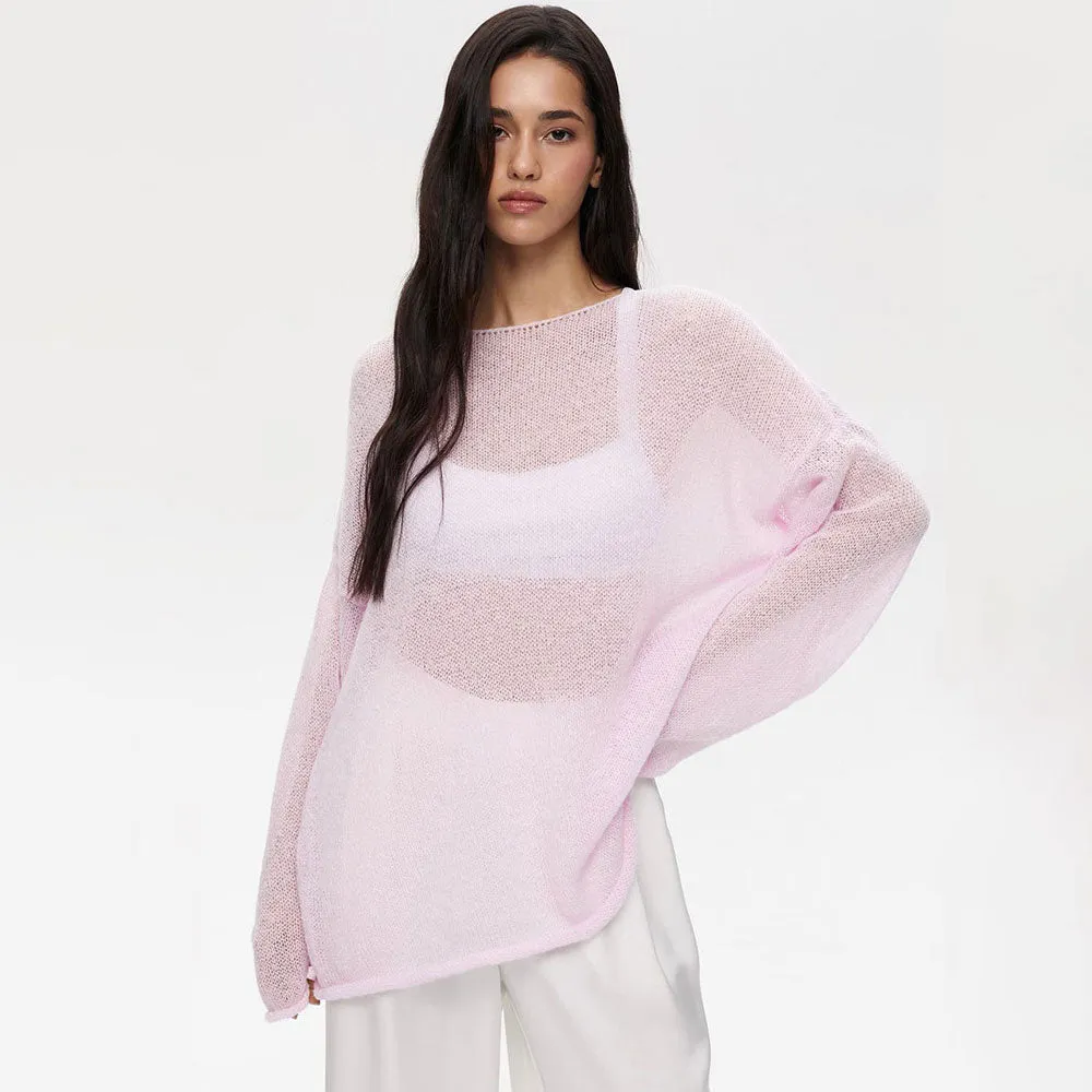 Athflow Roll Trim Crew Neck Drop Shoulder Sheer Knit Oversized Sweater