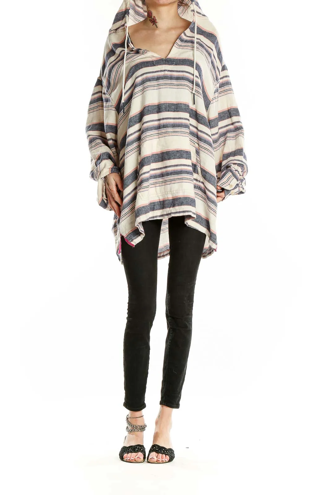 Beige Striped Oversized Hooded Knit Tunic