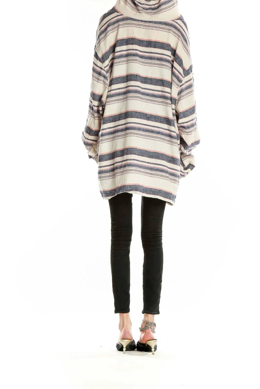 Beige Striped Oversized Hooded Knit Tunic