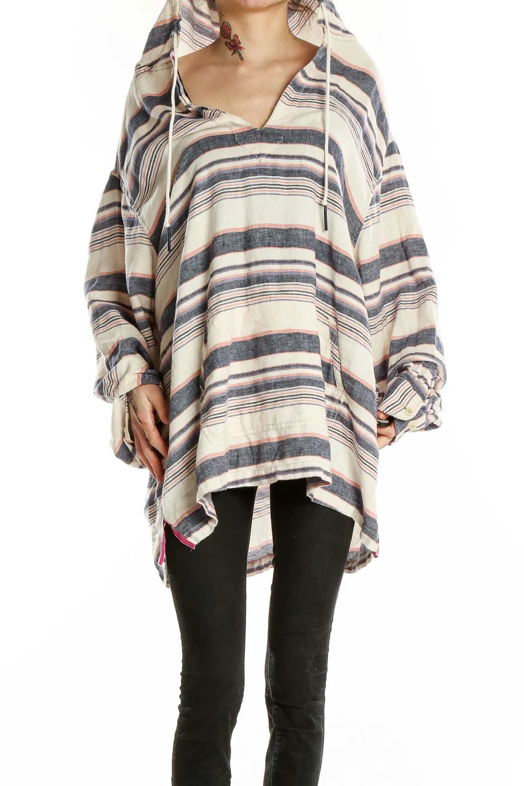 Beige Striped Oversized Hooded Knit Tunic