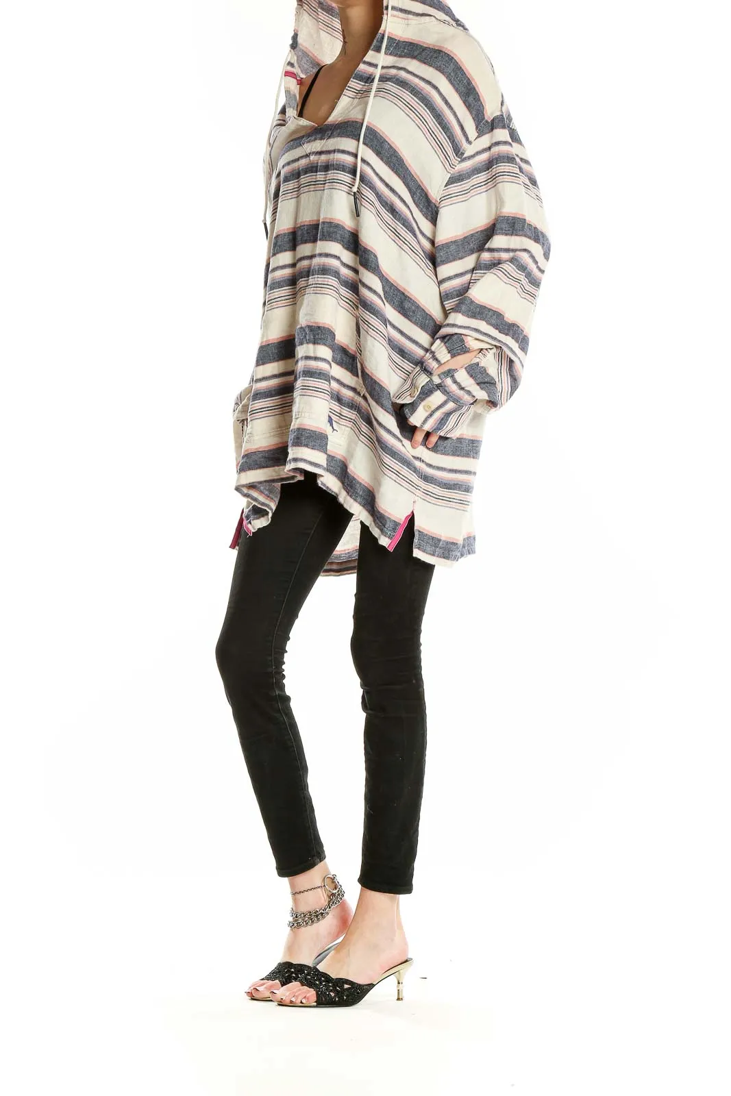 Beige Striped Oversized Hooded Knit Tunic