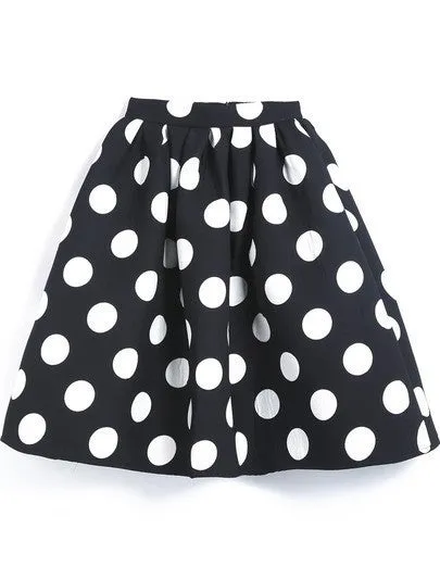 Black And White Dots Print A-line Middle Skirt