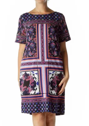 Black Blue Purple Paisley Print Shift Dress