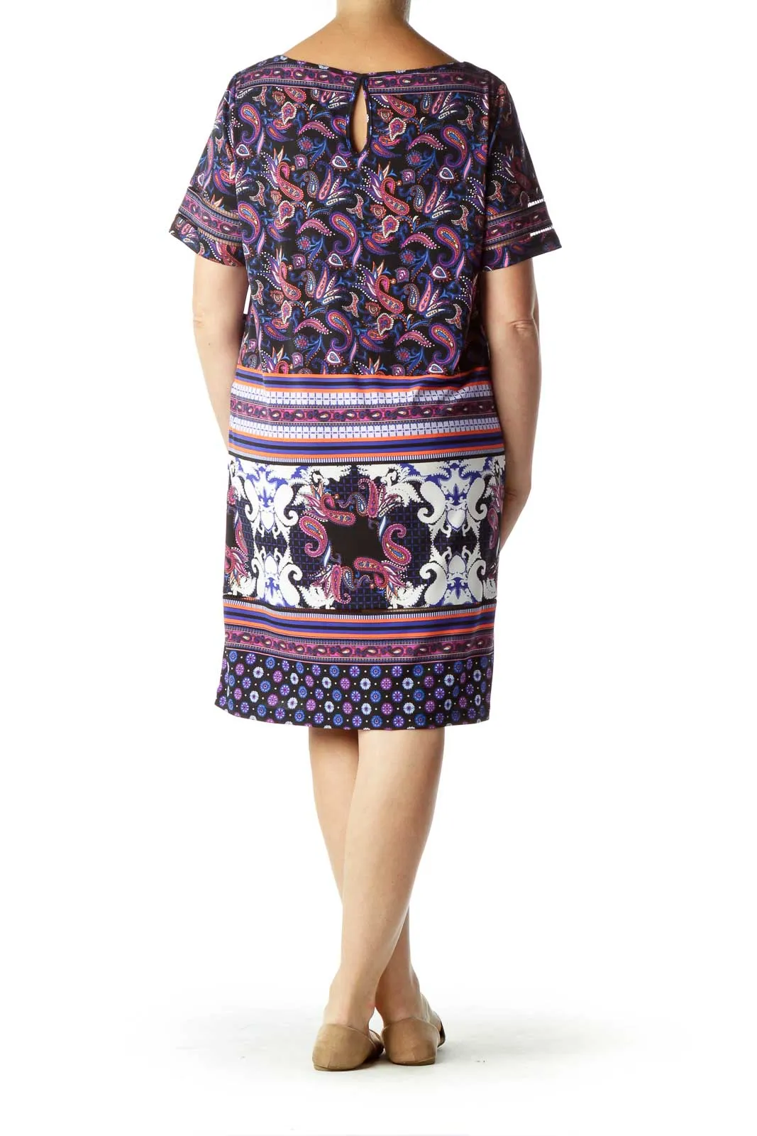 Black Blue Purple Paisley Print Shift Dress