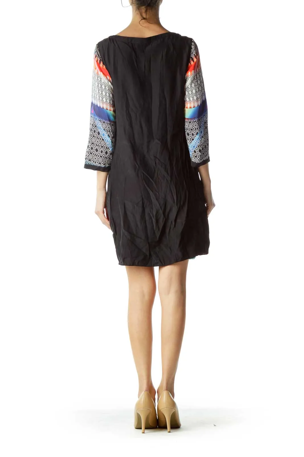 Black Print Silk Shift Dress