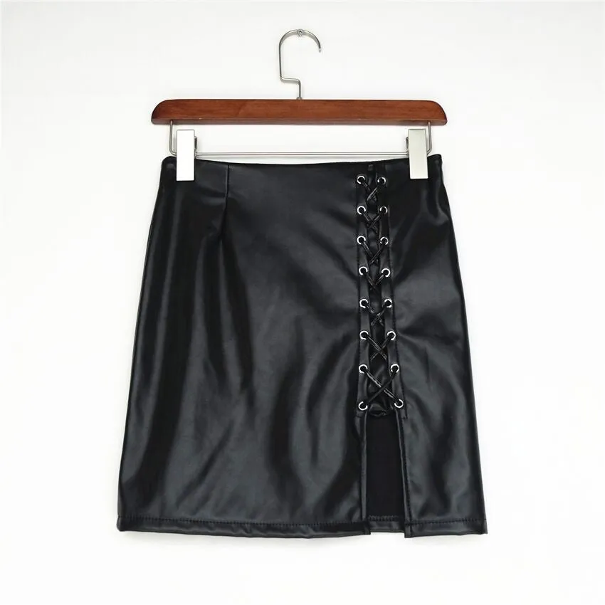 Black PU Lace Up Split Short Slim Skirt