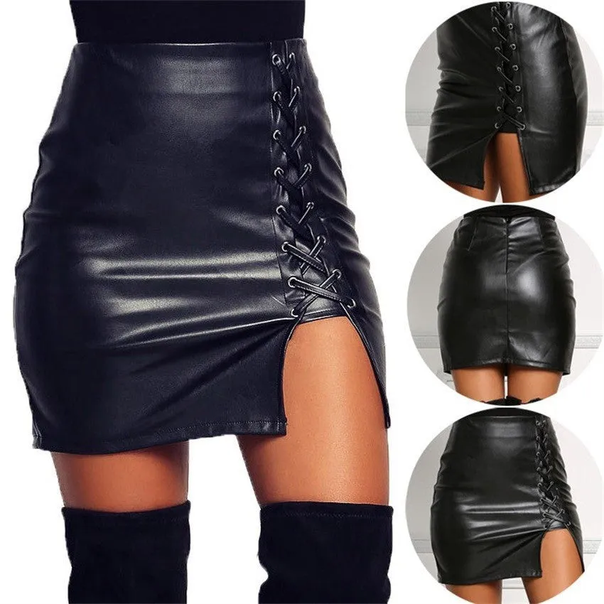 Black PU Lace Up Split Short Slim Skirt