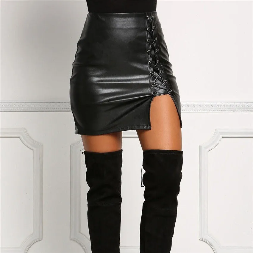 Black PU Lace Up Split Short Slim Skirt