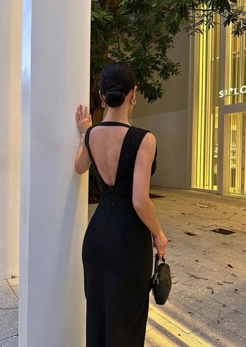 Black Slit Midi Dress with Deep Neckline