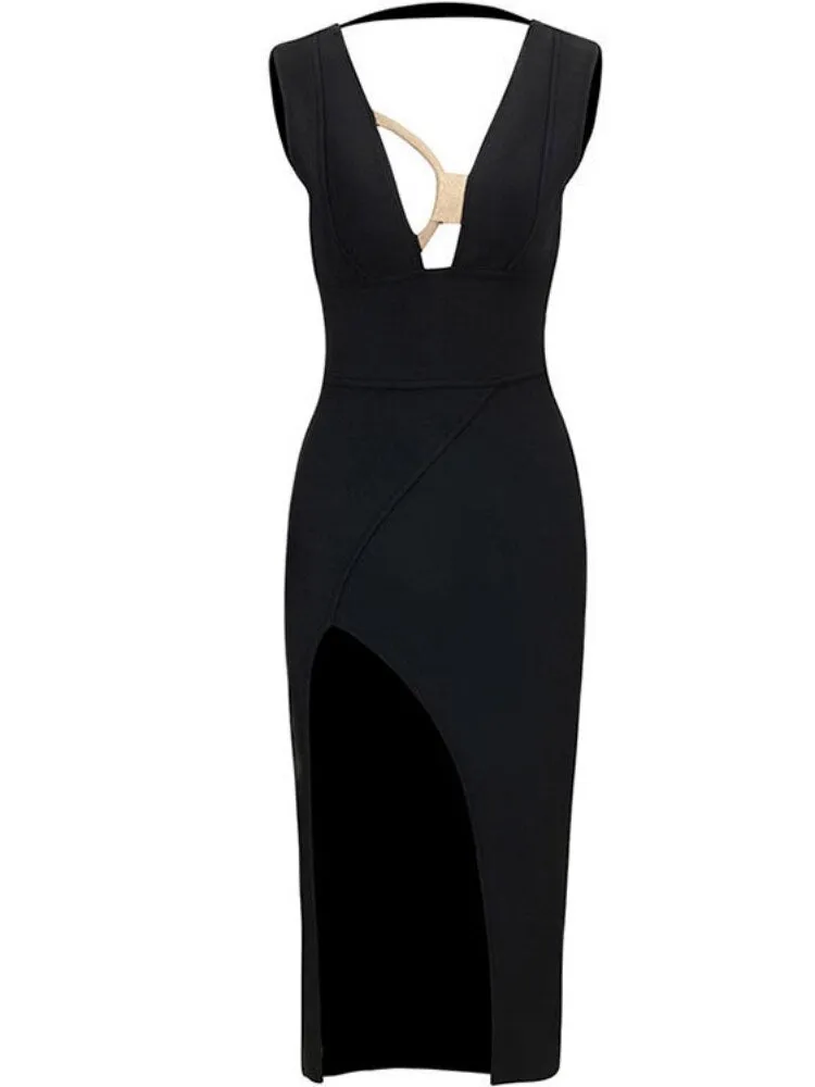 Black Slit Midi Dress with Deep Neckline