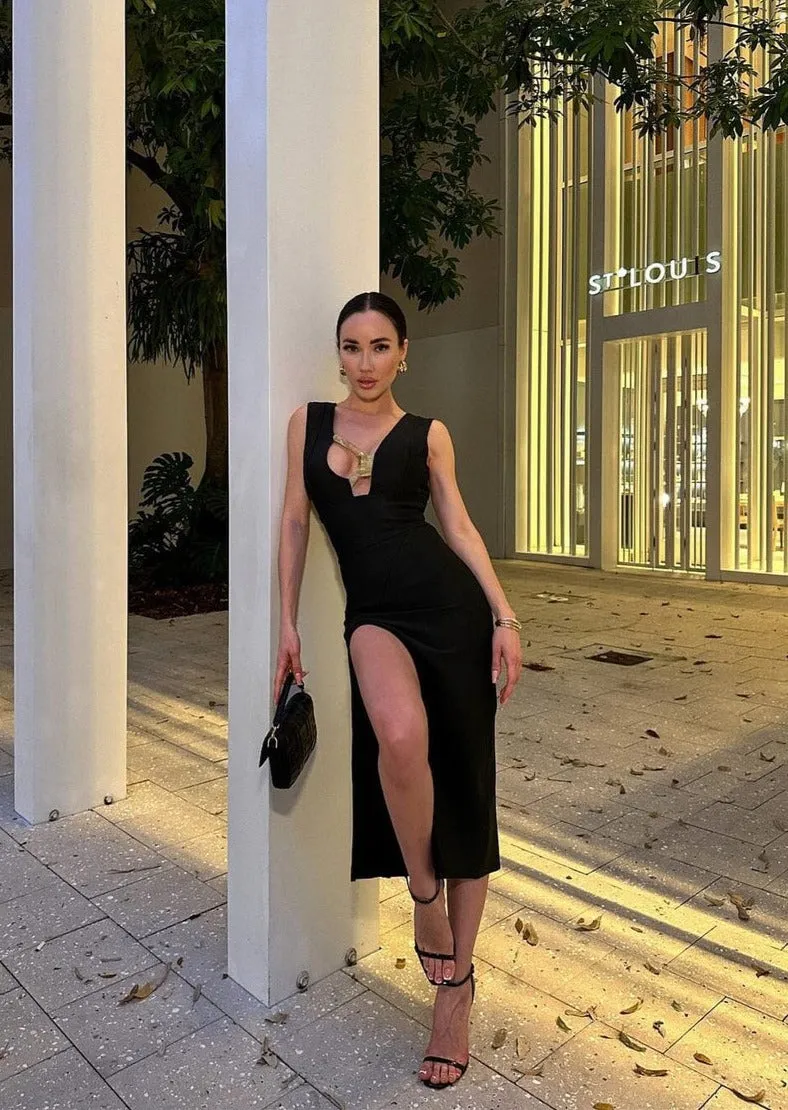 Black Slit Midi Dress with Deep Neckline