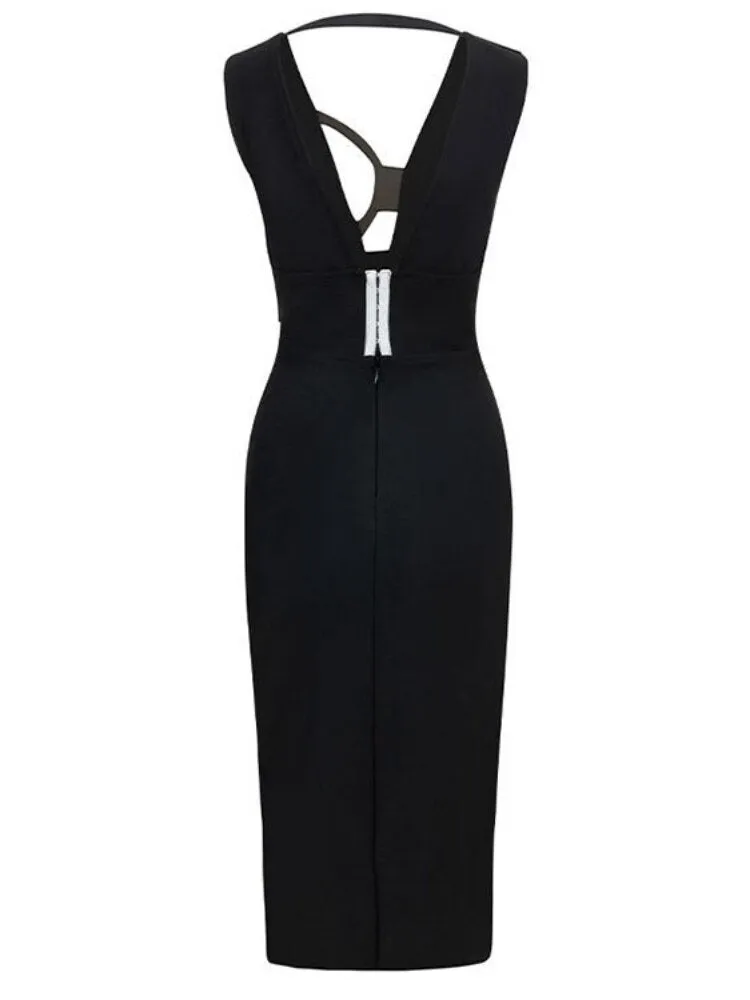 Black Slit Midi Dress with Deep Neckline