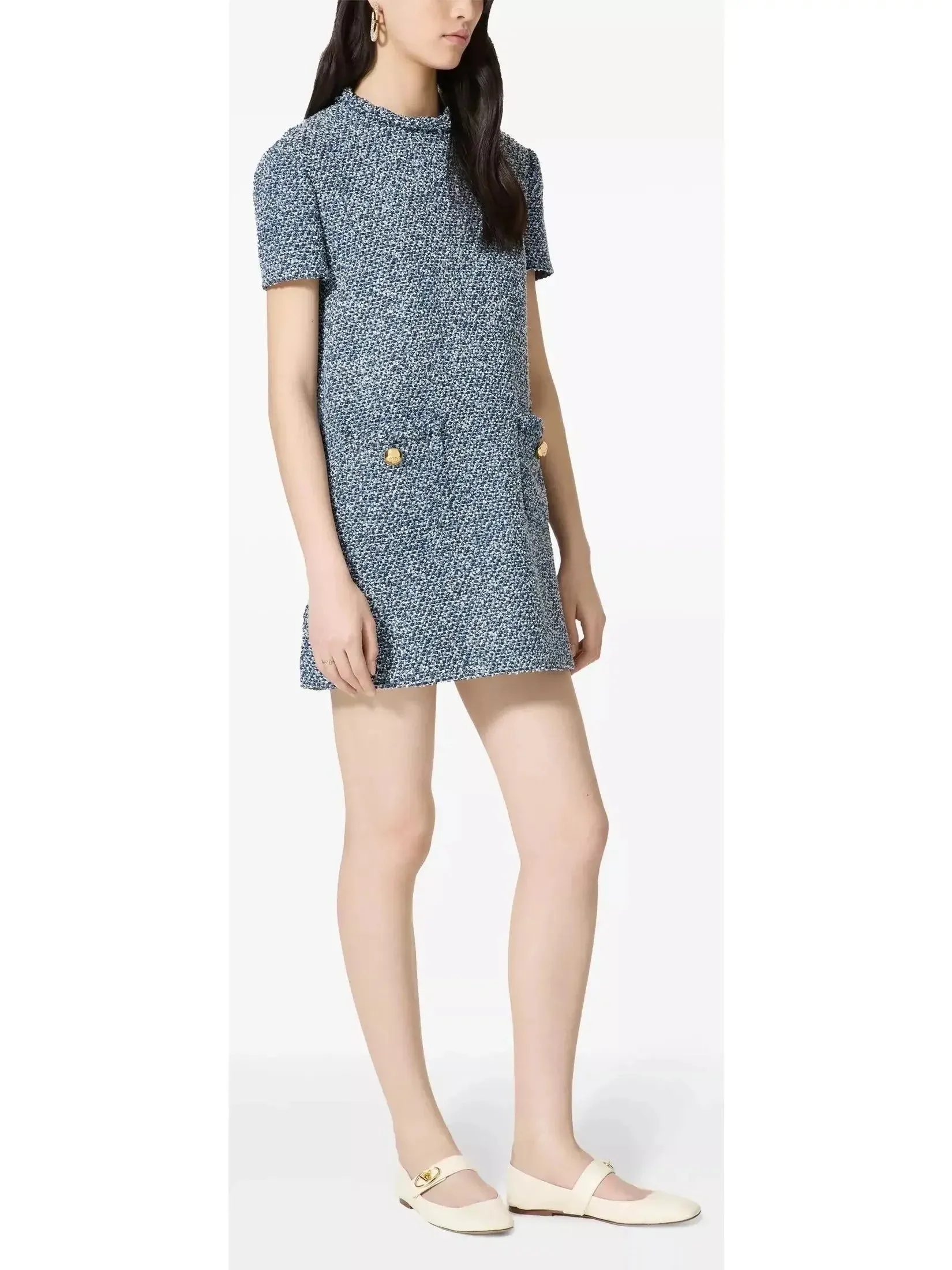 Blue Denim Effect Short-Sleeve Tweed Shift Dress