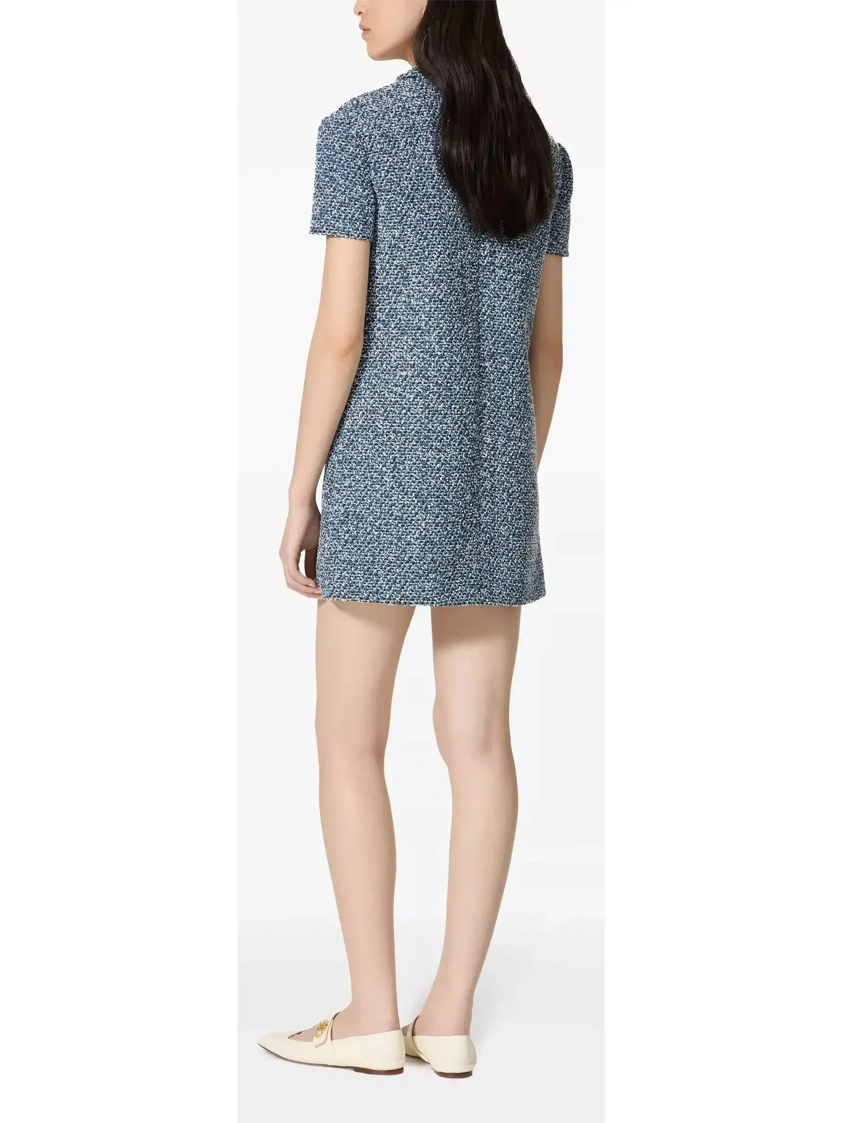 Blue Denim Effect Short-Sleeve Tweed Shift Dress