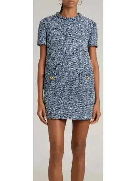 Blue Denim Effect Short-Sleeve Tweed Shift Dress