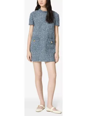 Blue Denim Effect Short-Sleeve Tweed Shift Dress