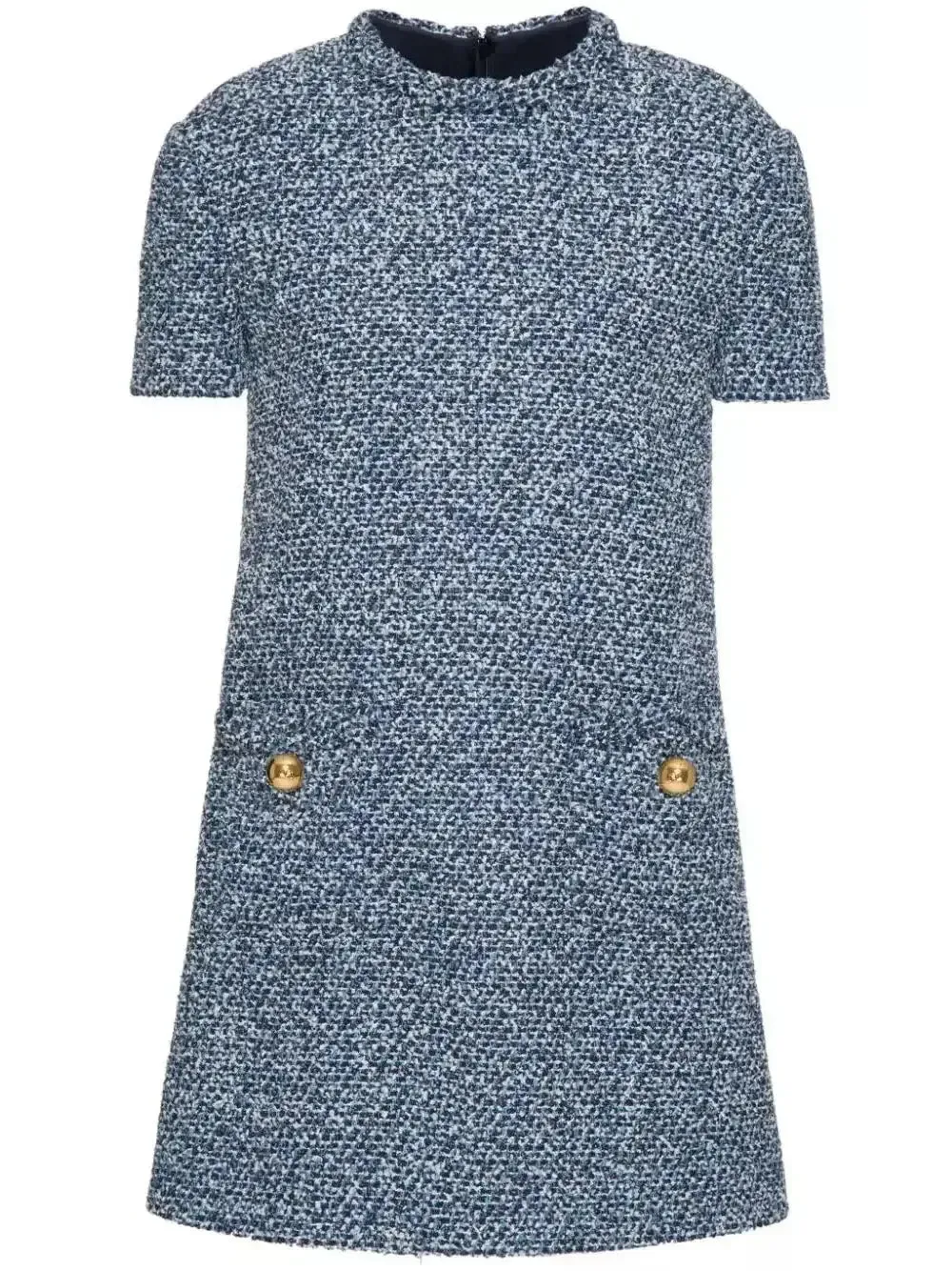 Blue Denim Effect Short-Sleeve Tweed Shift Dress