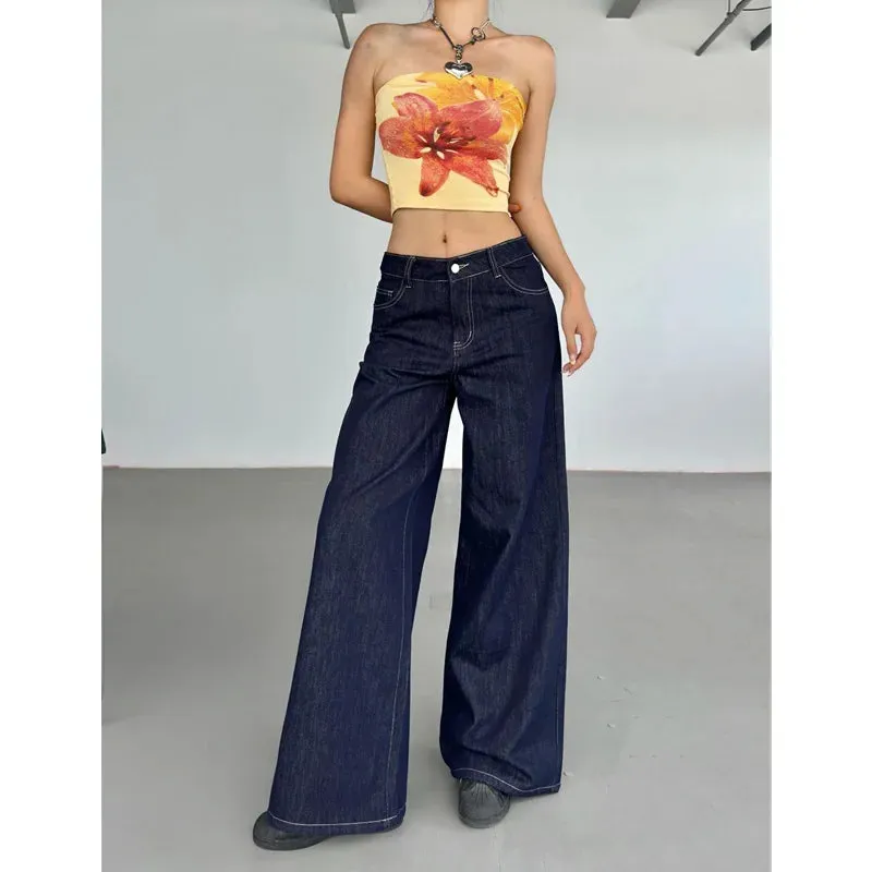 Blue denim style wide leg trousers