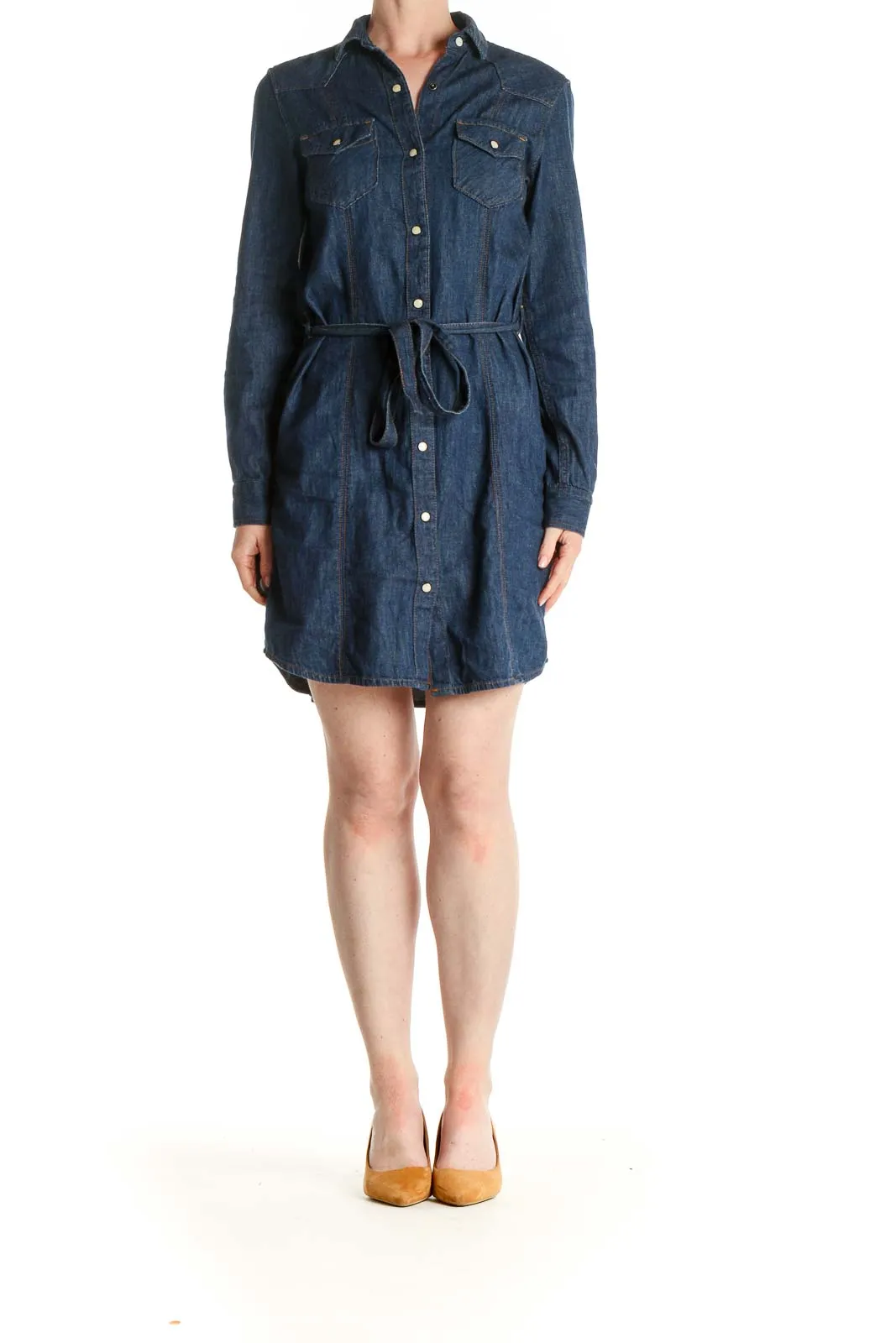 Blue Solid Denim Shift Dress