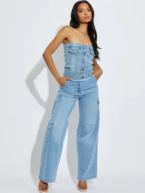 Blue Trendy Denim High Waist Wide Leg Cargo Trousers