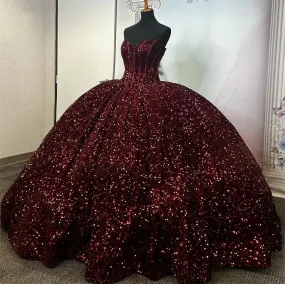 Burgundy Sequin Corset Quinceanera Dresses Ball Gown Sweetheart Princess Plus Size Prom Party Gowns For Sweet 16 Dresses ve