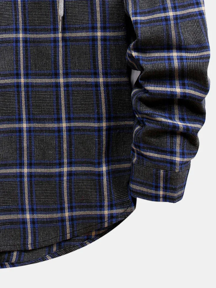 Button Up Drawstring Hooded Plaid Shirts