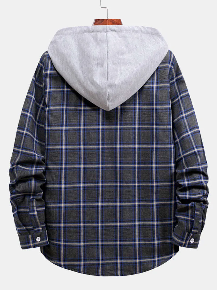 Button Up Drawstring Hooded Plaid Shirts