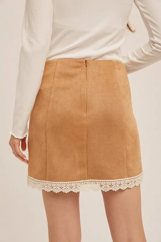 Camel Crochet Trimmed Suede Mini Skirt