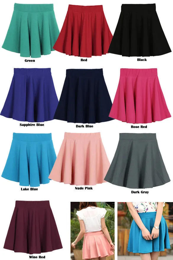 Candy Color Stretch Skater Flared Pleated Mini Skirt