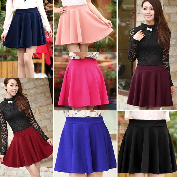 Candy Color Stretch Skater Flared Pleated Mini Skirt