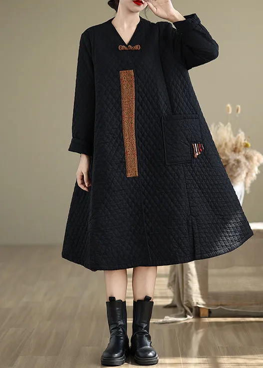 Chinese Style Black V Neck Pockets Fine Cotton Filled Winter Coats RU018