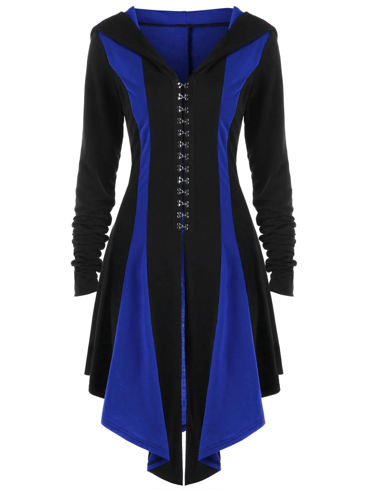 Color Block Hooded Women Irregular Oversized Back Lace-up Punk Swing Coat