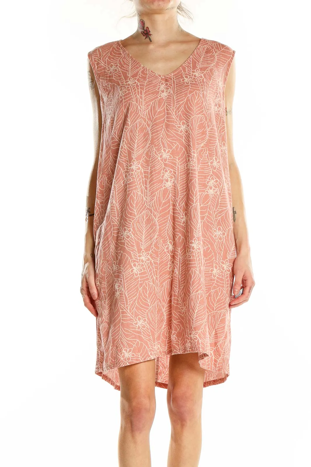 Coral Leaf Print V-Neck Shift Dress