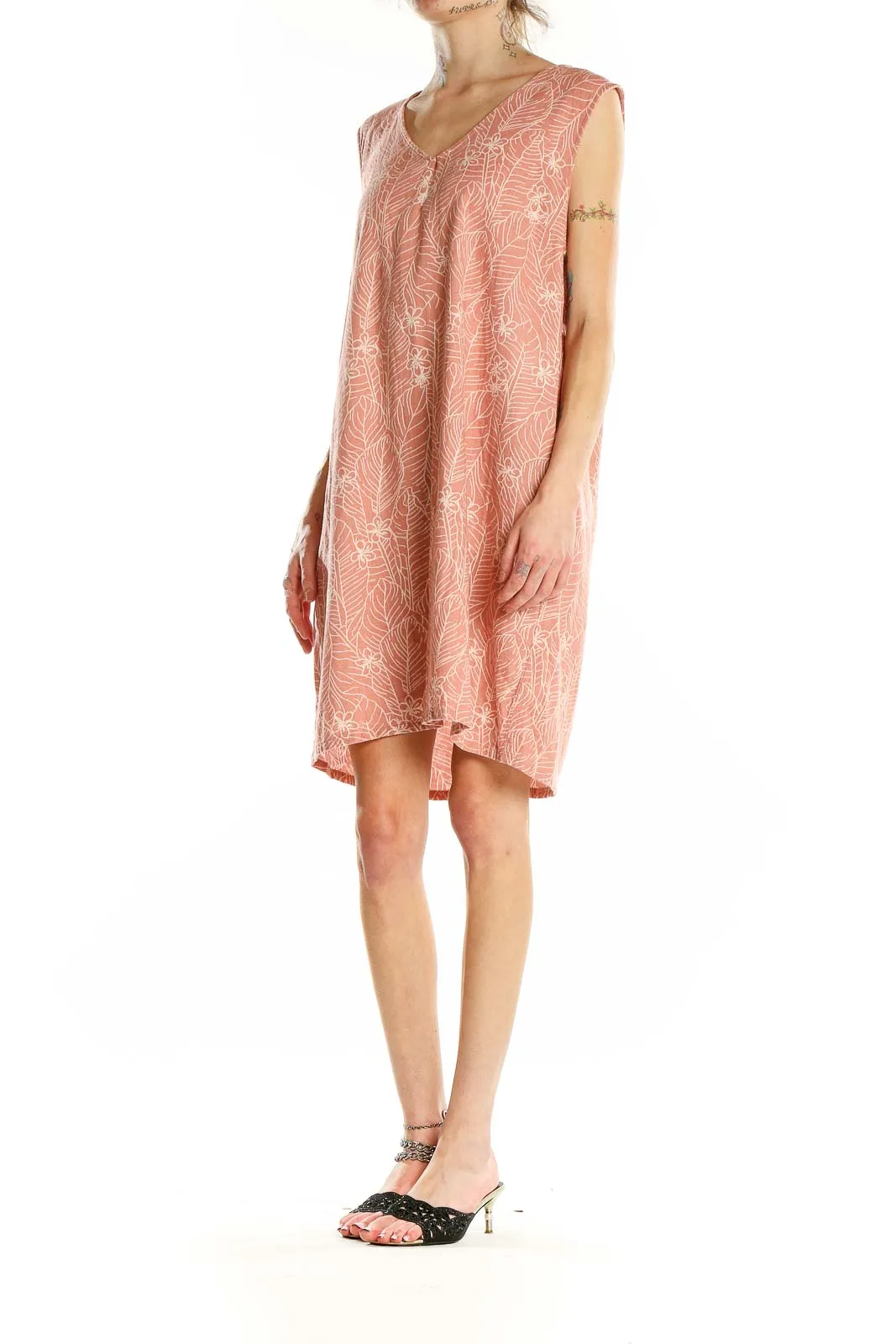 Coral Leaf Print V-Neck Shift Dress