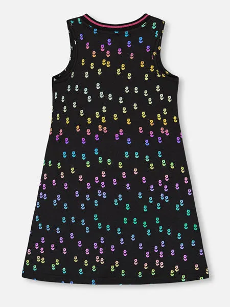 Deux Par Deux Black Printed Dress With Mesh Flower Pockets Girls 4-14