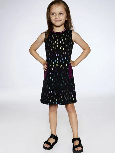 Deux Par Deux Black Printed Dress With Mesh Flower Pockets Girls 4-14