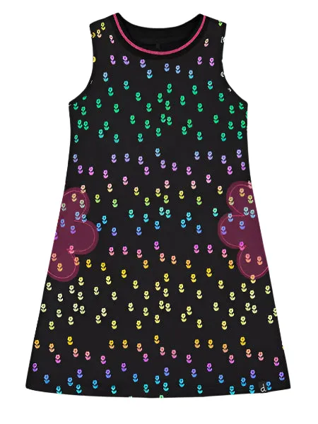 Deux Par Deux Black Printed Dress With Mesh Flower Pockets Girls 4-14