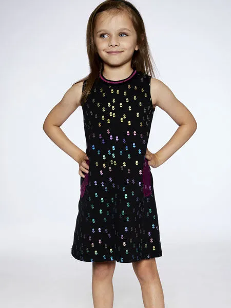 Deux Par Deux Black Printed Dress With Mesh Flower Pockets Girls 4-14