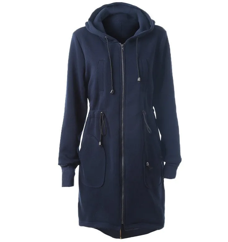 Drawstring Pockets Slim Zipper Long Hooded Oversize Coat