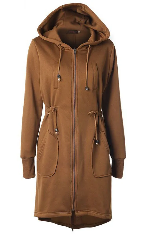 Drawstring Pockets Slim Zipper Long Hooded Oversize Coat