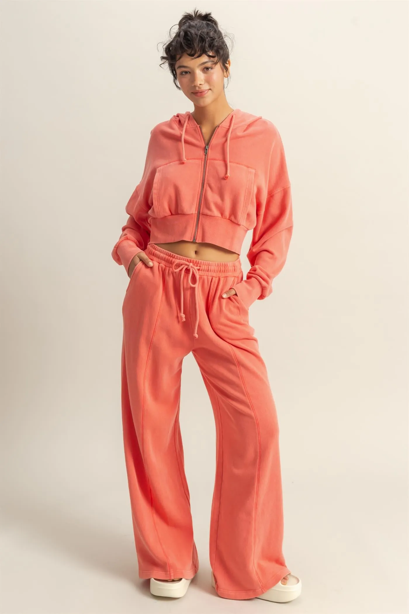 DZ25A428-Wide Leg Drawstring Washed Sweatpants