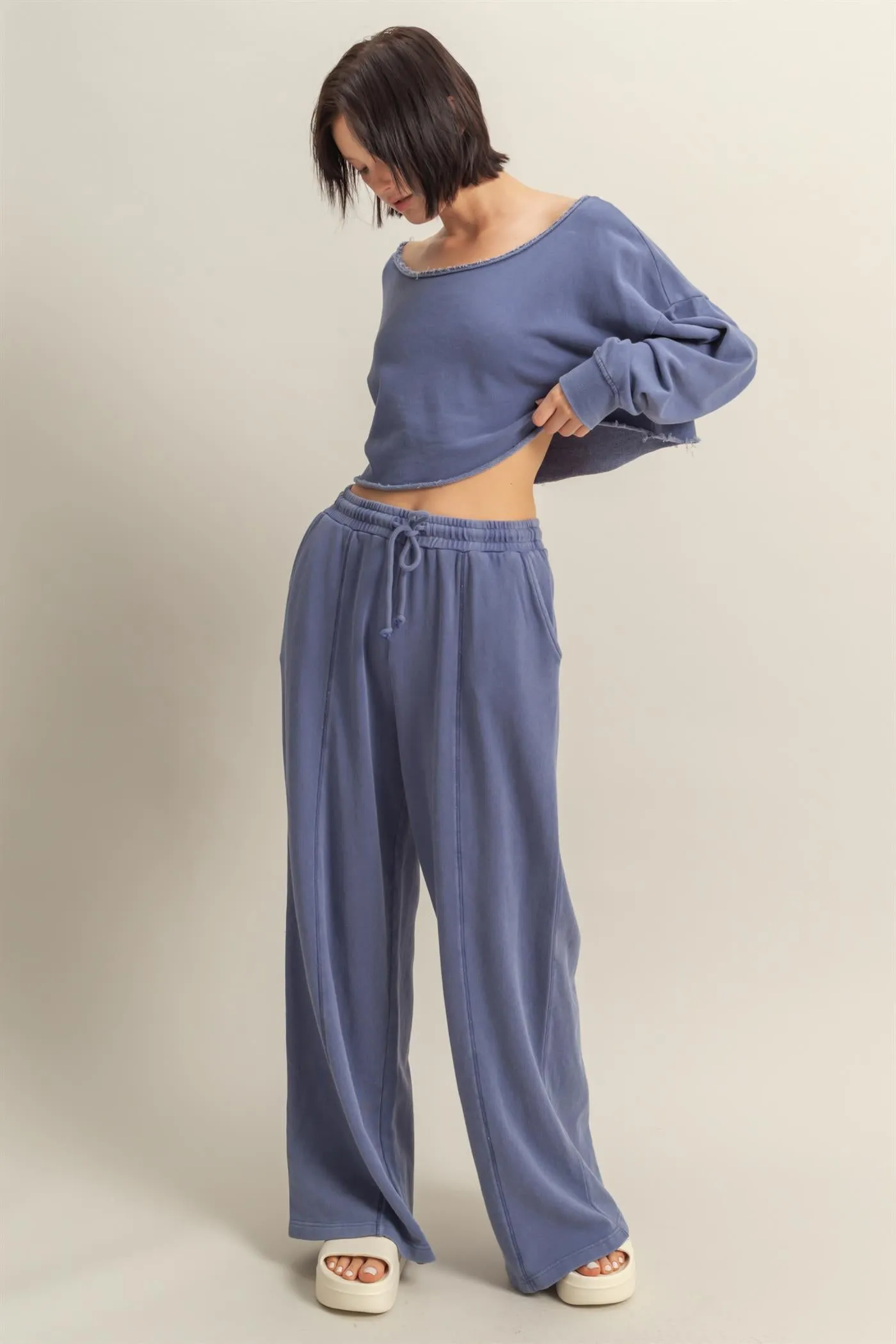 DZ25A428-Wide Leg Drawstring Washed Sweatpants