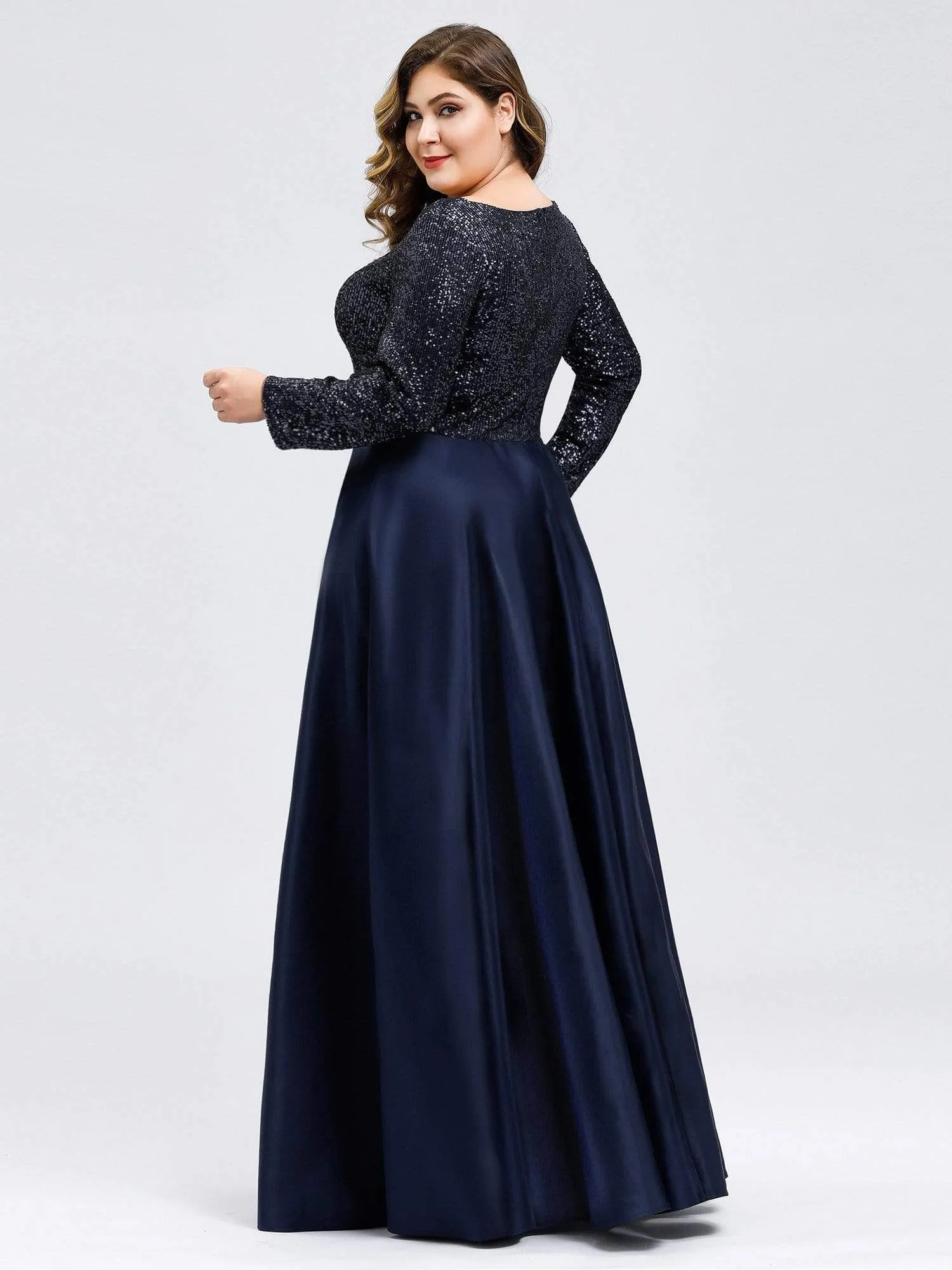 Elegant V-Neck Sequin Print Plus Size Evening Gowns for Women