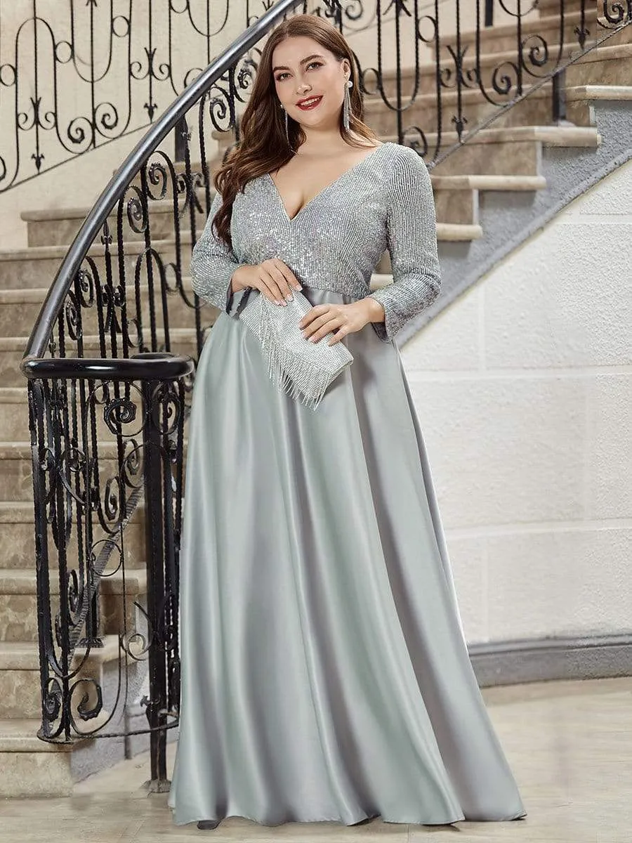 Elegant V-Neck Sequin Print Plus Size Evening Gowns for Women