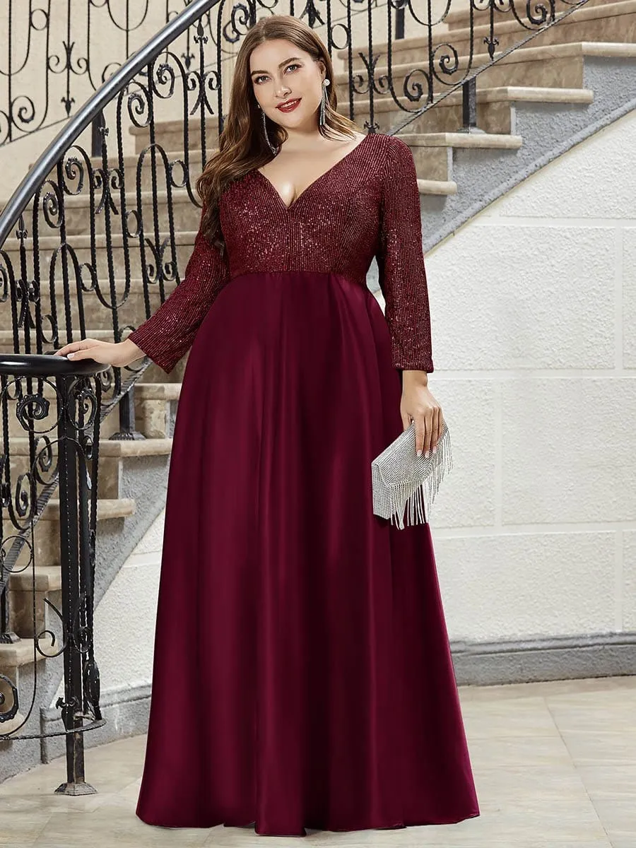 Elegant V-Neck Sequin Print Plus Size Evening Gowns for Women